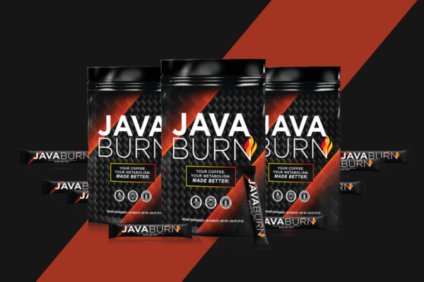 Three packs of Java Burn supplement surrounded by individual stick packs, set against a dark red and black background.