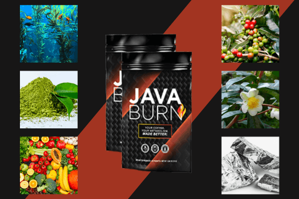 Two packs of Java Burn supplement in the center, surrounded by images of its key ingredients, including green tea extract, coffee beans, L-theanine, and natural fruits, set against a dark red and black background