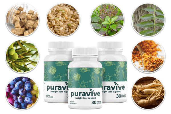 Three bottles of Puravive weight loss support supplement surrounded by circular images of key natural ingredients, including herbs, roots, and berries.