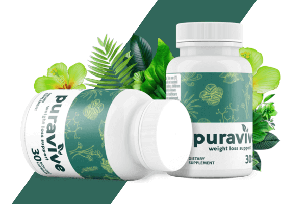 Two bottles of Puravive weight loss support supplement, one standing upright and the other lying down, surrounded by lush green plants and flowers, set against a green and white background.