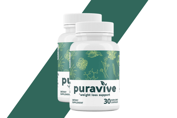 Two bottles of Puravive weight loss support supplement, set against a green and white background.