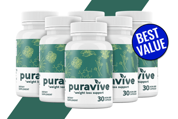 Six bottles of Puravive weight loss support supplement arranged in a group with a "Best Value" badge, set against a green and white background.