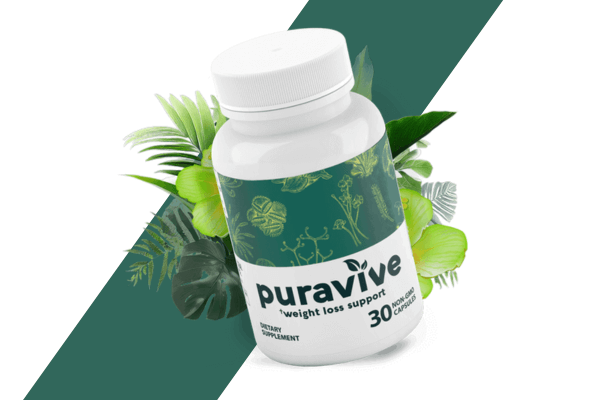 A single bottle of Puravive weight loss support supplement lying at an angle, surrounded by green leaves and flowers, set against a green and white background.