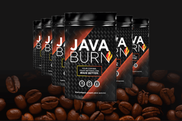 Multiple packs of Java Burn supplement arranged in a row, placed above roasted coffee beans, set against a dark background