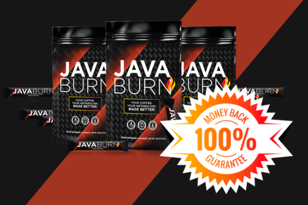 Three packs of Java Burn supplement with individual stick packs, accompanied by a "100% Money Back Guarantee" badge, set against a dark red and black background.