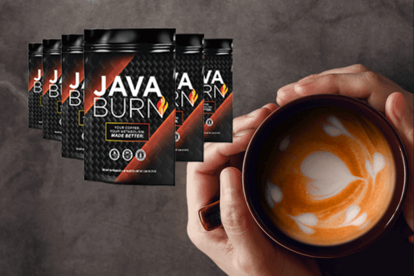 Several packs of Java Burn supplement alongside a person holding a cup of coffee with latte art, set against a stone background.