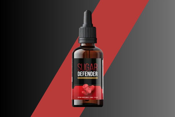 A single bottle of Sugar Defender supplement, featuring a red label and dropper cap, set against a diagonal dark red and gray background.