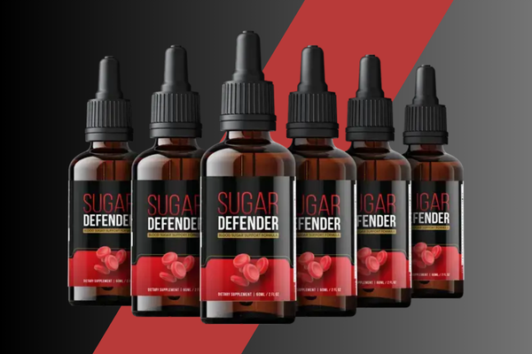 Six bottles of Sugar Defender supplement aligned in a row, featuring a vibrant red label and set against a dark red and gray background.