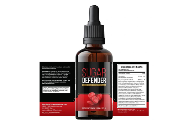 A single bottle of Sugar Defender supplement with its label extended, displaying product information, supplement facts, and ingredient details on a white background.