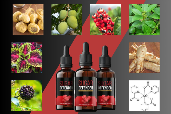 Three bottles of Sugar Defender supplement in the center, surrounded by images of its natural ingredients, including maca root, African mango, guarana, gymnema sylvestre, coleus, grape seed, astragalus, and ginseng, along with a chemical formula graphic, set against a dark red and gray background.