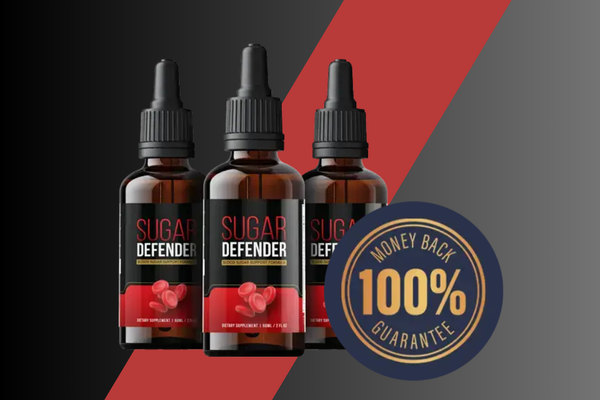 Three bottles of Sugar Defender supplement with a "100% Money Back Guarantee" badge, set against a dark red and gray background.