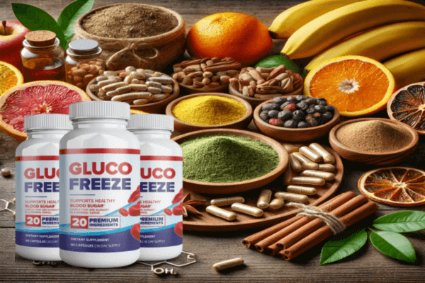 Three bottles of Gluco Freeze supplement in front of an assortment of natural ingredients, including fruits, herbs, and spices, on a rustic wooden background.