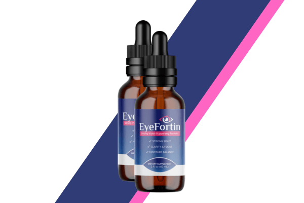 Two bottles of EyeFortin eye health supplement with amber glass and dropper caps, set against a blue and pink diagonal striped background.