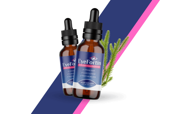 Two bottles of EyeFortin eye health support supplement with natural herbs, set against a blue and pink diagonal striped background.