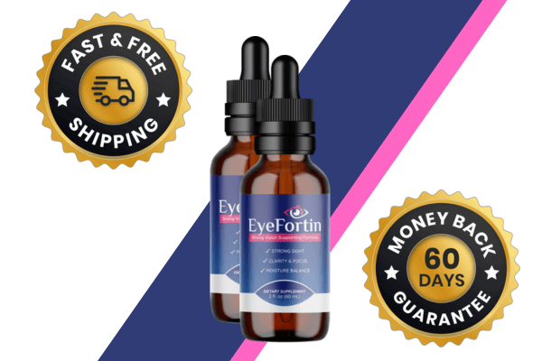 Two bottles of EyeFortin eye health support supplement with "Fast & Free Shipping" and "60 Days Money Back Guarantee" badges, set against a blue and pink diagonal striped background.