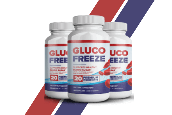 Three bottles of Gluco Freeze supplement, set against a background with red and blue diagonal stripes.