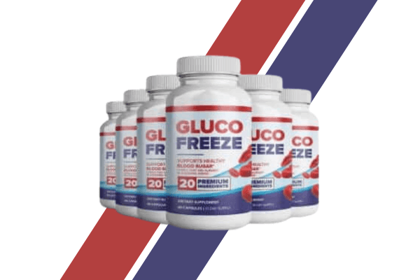 Six bottles of Gluco Freeze supplement arranged in a group, set against a background with red and blue diagonal stripes.