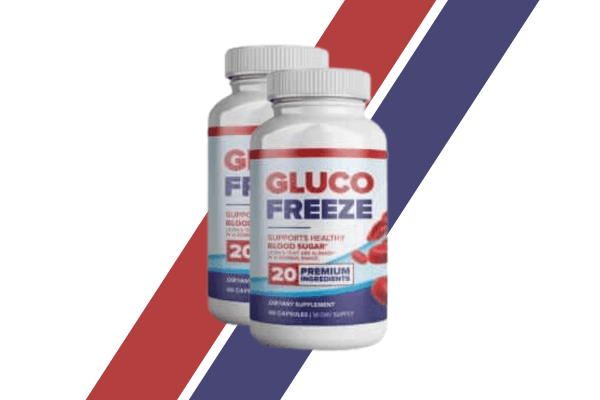 Two bottles of Gluco Freeze supplement, set against a background with red and blue diagonal stripes.