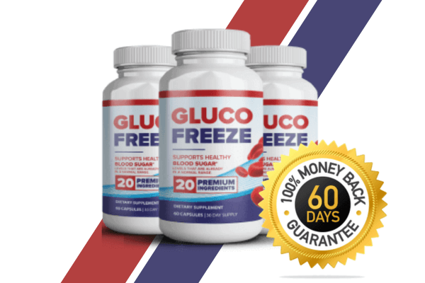 Three bottles of Gluco Freeze supplement with a "60 Days 100% Money Back Guarantee" badge, set against a background with red and blue diagonal stripes.