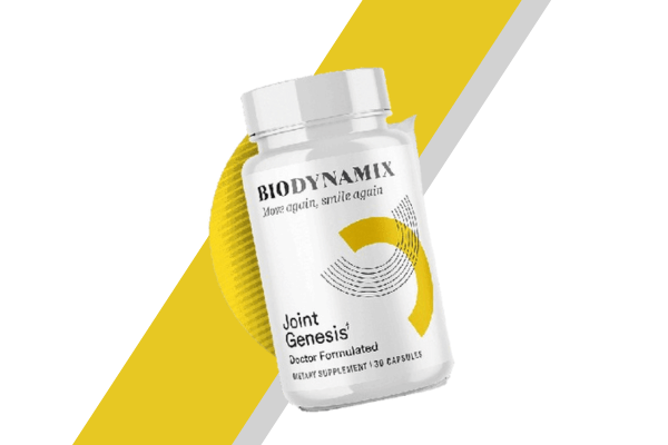 A bottle of Biodynamix Joint Genesis supplement tilted at an angle, set against a yellow and gray diagonal striped background.