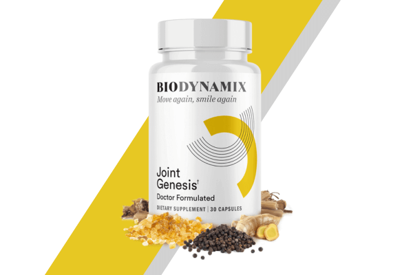 A bottle of Biodynamix Joint Genesis supplement, surrounded by natural ingredients such as black pepper, ginger, and resins, set against a yellow and gray diagonal striped background.