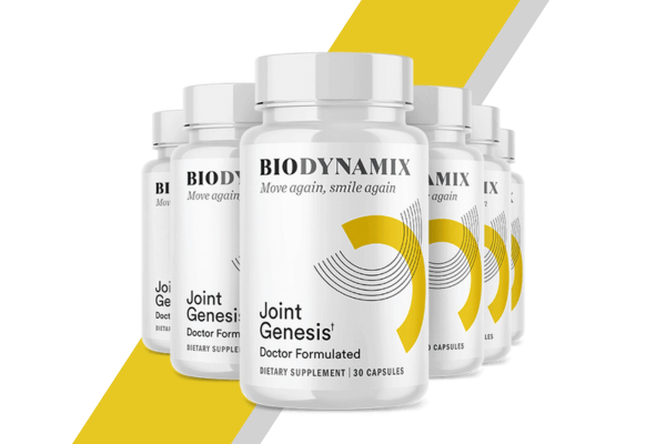 Multiple bottles of Biodynamix Joint Genesis supplement arranged in a row, set against a yellow and gray diagonal striped background.