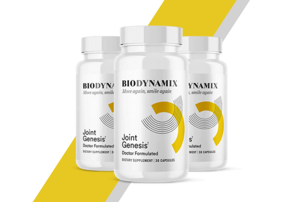 Three bottles of Biodynamix Joint Genesis supplement arranged in a group, set against a yellow and gray diagonal striped background.