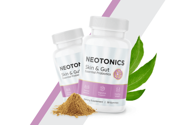 Two bottles of Neotonics Skin & Gut Essential Probiotics supplement, with powder and green leaves, set against a purple and white diagonal striped background.