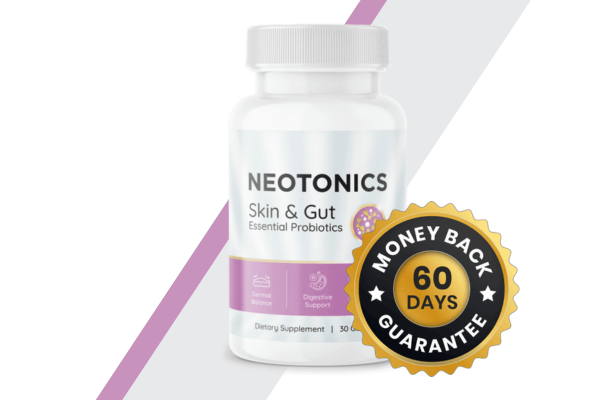 A bottle of Neotonics Skin & Gut Essential Probiotics with a "60 Days Money Back Guarantee" badge, set against a purple and white diagonal striped background.