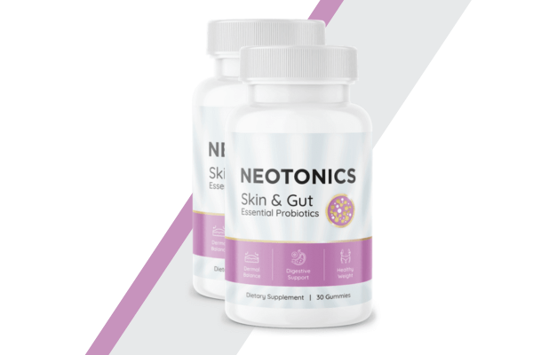 Two bottles of Neotonics Skin & Gut Essential Probiotics, set against a purple and white diagonal striped background.