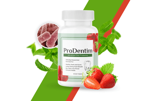 A bottle of ProDentim oral probiotics supplement with strawberries, mint leaves, and a bacteria illustration, set against a green and red diagonal striped background.