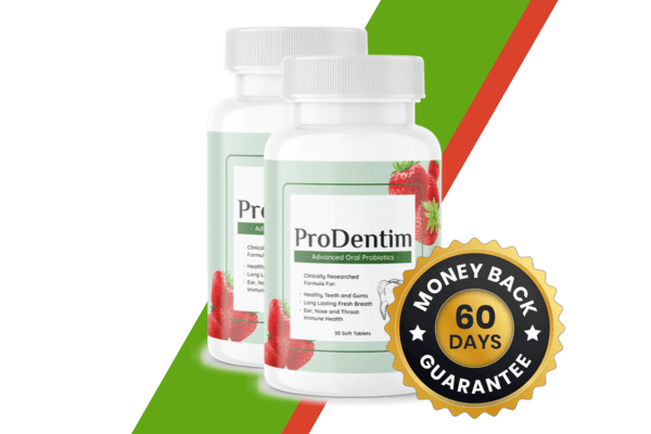 Two bottles of ProDentim oral probiotics supplement with a "60 Days Money Back Guarantee" badge, set against a green and red diagonal striped background.