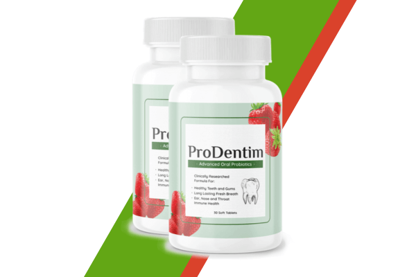 Two bottles of ProDentim oral probiotics supplement, featuring strawberries on the label, set against a green and red diagonal striped background.