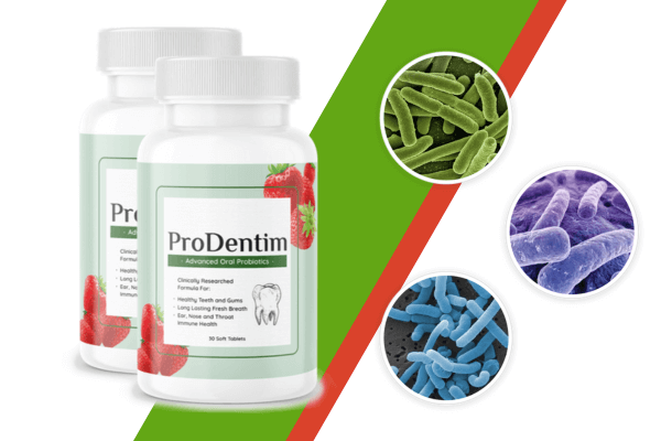 Two bottles of ProDentim oral probiotics supplement with bacteria illustrations, set against a green and red diagonal striped background.