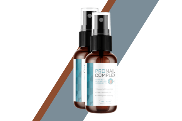 Two bottles of ProNail Complex spray on a brown and gray diagonal striped background, highlighting its essential nail health properties.