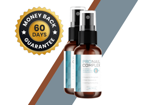 Two bottles of ProNail Complex spray alongside a 60-day money-back guarantee badge, set against a brown and gray diagonal striped background.