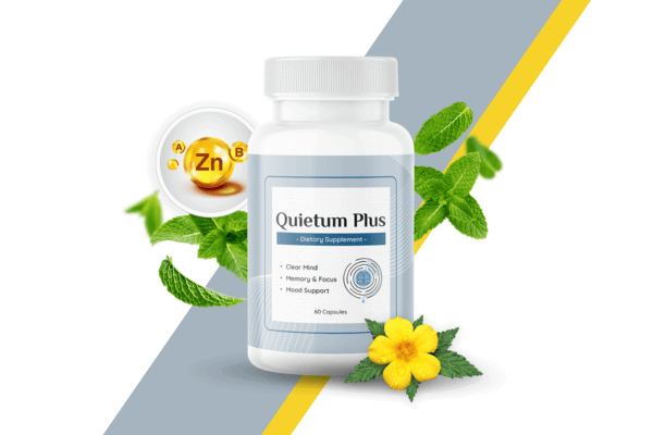 A bottle of Quietum Plus dietary supplement, featuring key ingredients like zinc and natural herbs, set against a background with yellow and gray diagonal stripes.