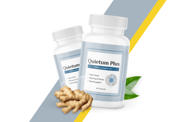 Two bottles of Quietum Plus dietary supplement, with natural ginger root and green leaves, set against a yellow and gray diagonal striped background.