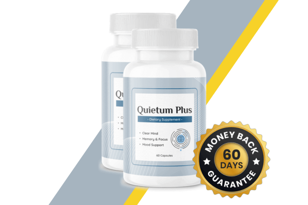 Two bottles of Quietum Plus supplement with a "60 Days Money Back Guarantee" badge, set against a yellow and gray diagonal striped background.