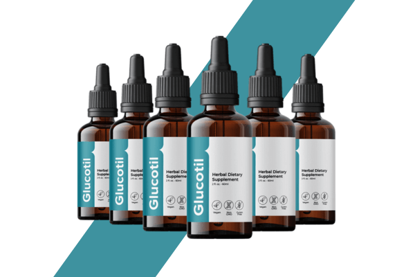 Six bottles of Glucotil herbal dietary supplement with dropper caps, set against a teal diagonal striped background.