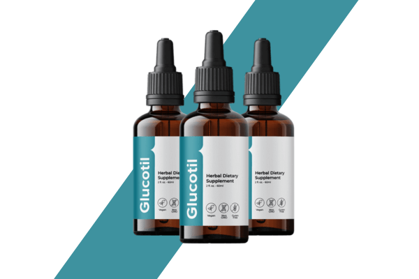 Three bottles of Glucotil herbal dietary supplement with dropper caps, set against a background with teal diagonal stripes.