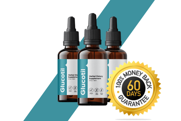 Three bottles of Glucotil herbal dietary supplement with a "60 Days 100% Money Back Guarantee" badge, set against a teal diagonal striped background.