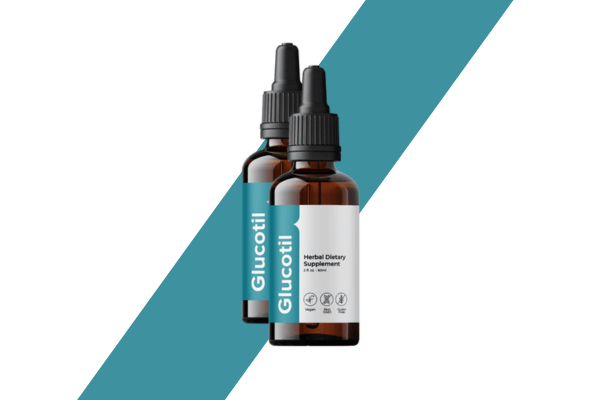 Two bottles of Glucotil herbal dietary supplement with dropper caps, set against a teal diagonal striped background.