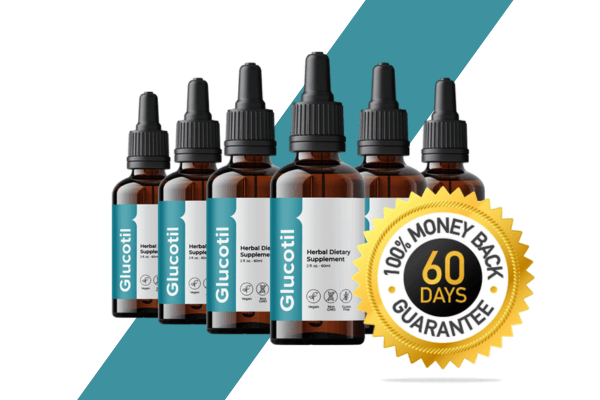 Six bottles of Glucotil herbal dietary supplement with a "60 Days 100% Money Back Guarantee" badge, set against a teal diagonal striped background.